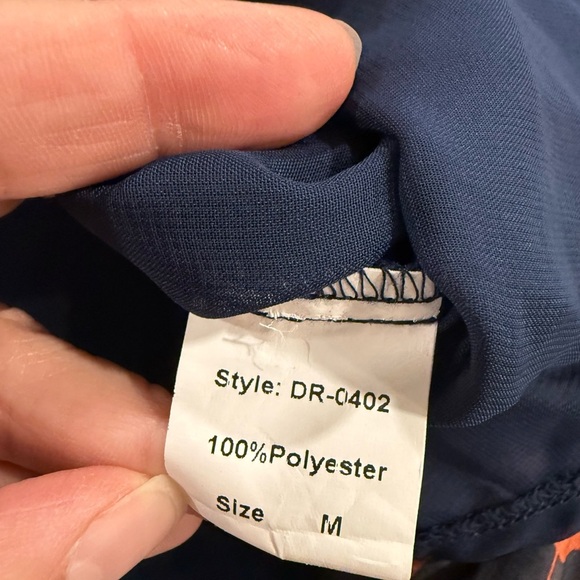 Pink Martini Navy Dress with Red/Orange Bird Design 50’s Vibes Tie Neck Vintage - Picture 10 of 14